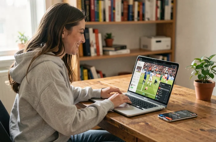 Jeune femme regardant un match de football en direct sur son ordinateur portable à son bureau
