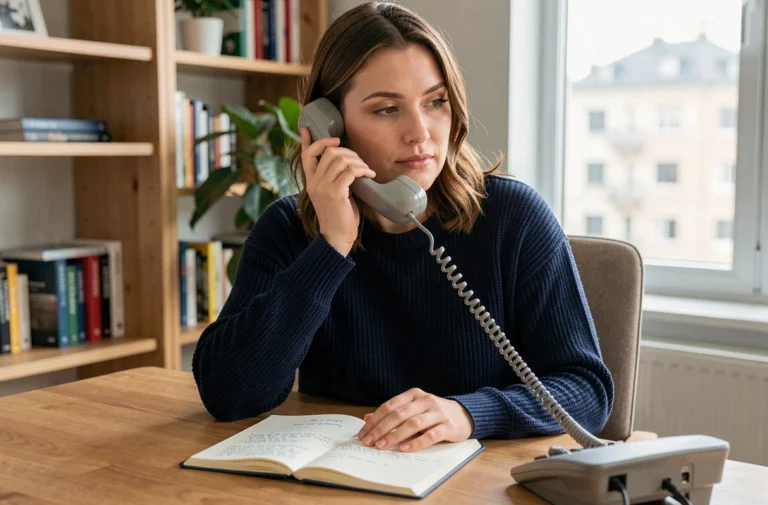 Femme téléphonant à une station de radio depuis son bureau à domicile avec un carnet de notes ouvert