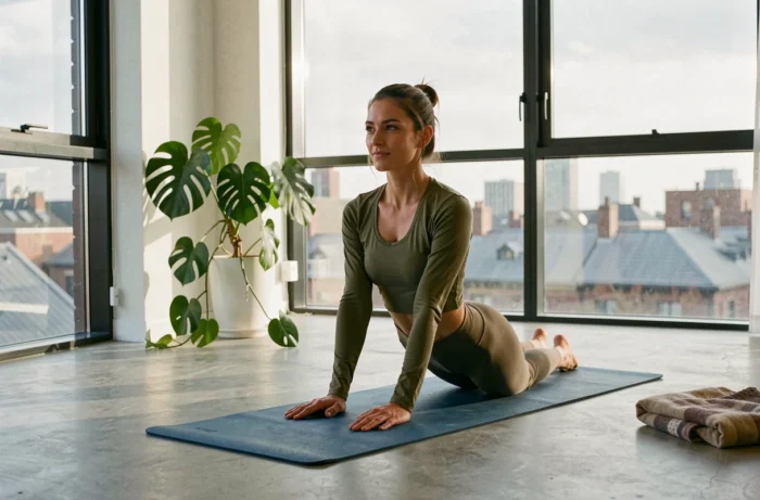 Jeune femme pratiquant le yoga dans un appartement urbain moderne, illustration du bien-être et de l'équilibre personnel au quotidien