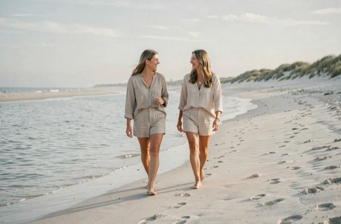 Deux femmes marchant pieds nus sur une plage paisible illustrant l'équilibre et le bien-être au naturel