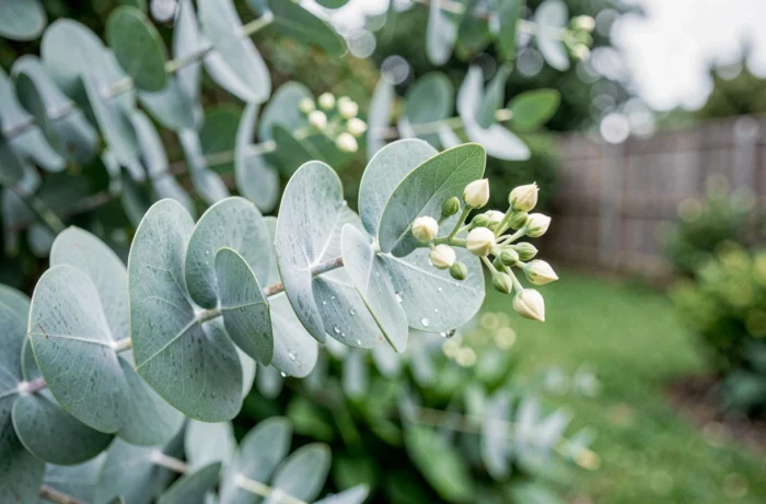 Gros plan sur des feuilles et boutons floraux d'eucalyptus couverts de rosée matinale