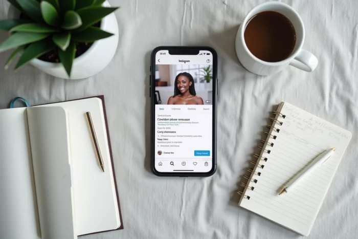 Vue aérienne d'un smartphone affichant un profil Instagram avec zéro demande d'abonnement sur un bureau minimaliste