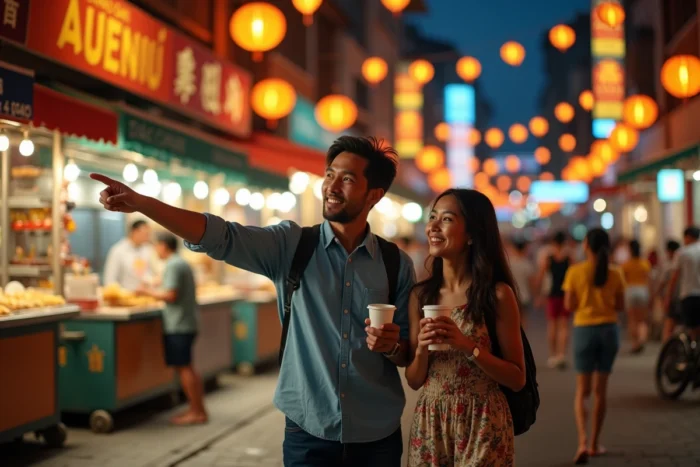Frère et sœur explorant un marché de nuit animé en Asie du Sud-Est, entourés de lampions colorés et d'étals de street food lors d'un voyage en famille