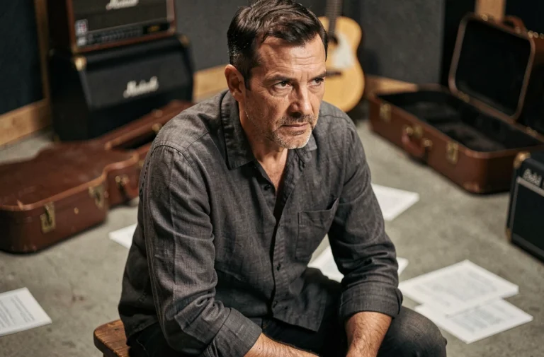 Musicien d'une cinquantaine d'années assis dans un studio d'enregistrement, regard pensif évoquant le combat contre la maladie et la résilience artistique