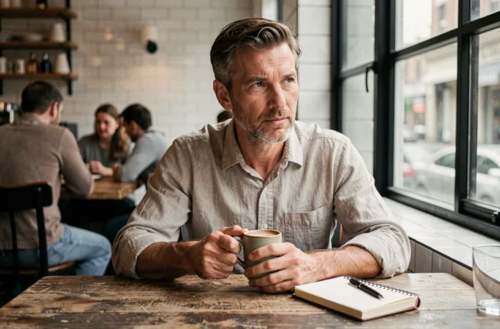 Portrait intime d'un homme tenant un café dans un bistrot parisien, carnet ouvert sur la table, illustrant la convalescence et la créativité retrouvée après la maladie