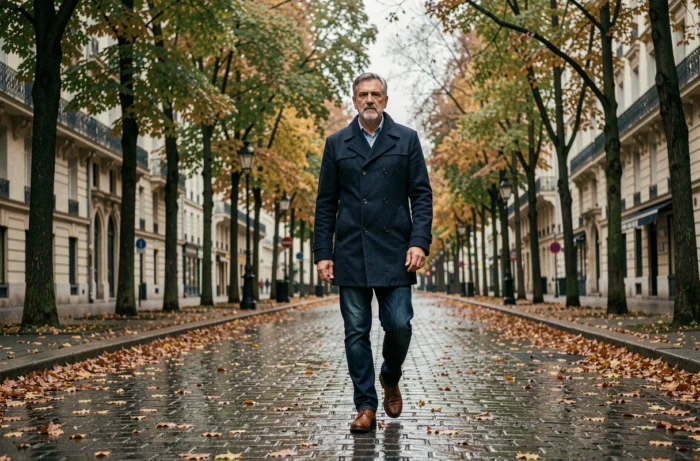 Homme entre deux âges marchant seul dans une rue parisienne en automne, symbolisant le chemin parcouru face à la maladie et le retour à la vie normale