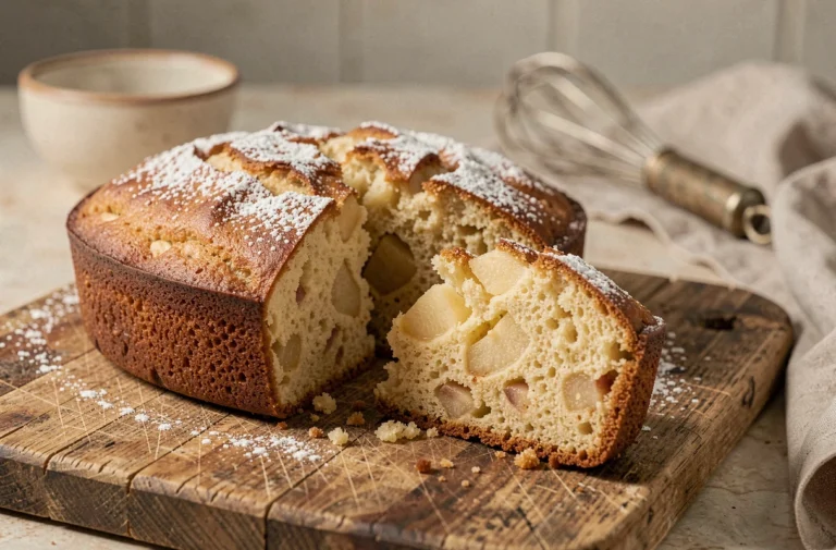 Gâteau au yaourt pomme façon Cyril Lignac, tranché sur une planche en bois rustique avec une mie dorée et moelleuse