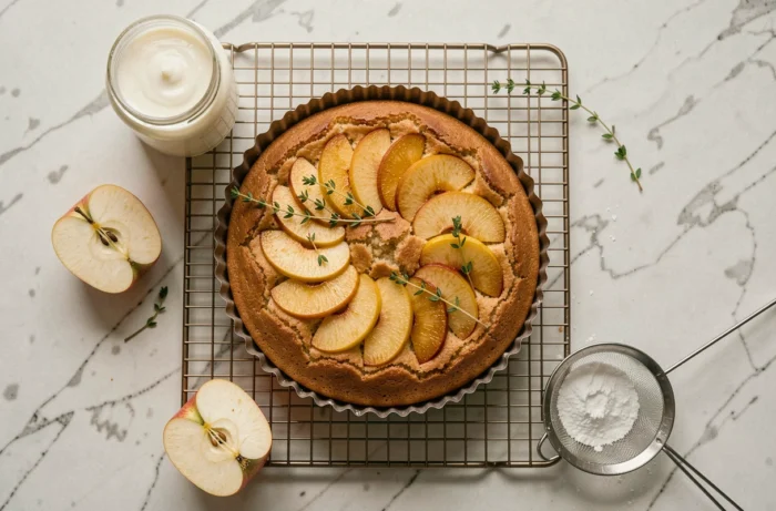 Vue de dessus d'un gâteau au yaourt pomme doré dans son moule cannelé, refroidissant sur une grille avec des rondelles de pomme caramélisées et du sucre glace