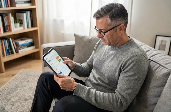 Homme utilisant une tablette pour gérer ses comptes bancaires en ligne depuis son domicile