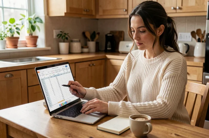 Femme gérant son budget personnel sur un ordinateur portable dans une cuisine chaleureuse