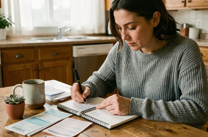 Femme consultant son budget mensuel dans un carnet sur une table en bois dans une cuisine moderne et chaleureuse