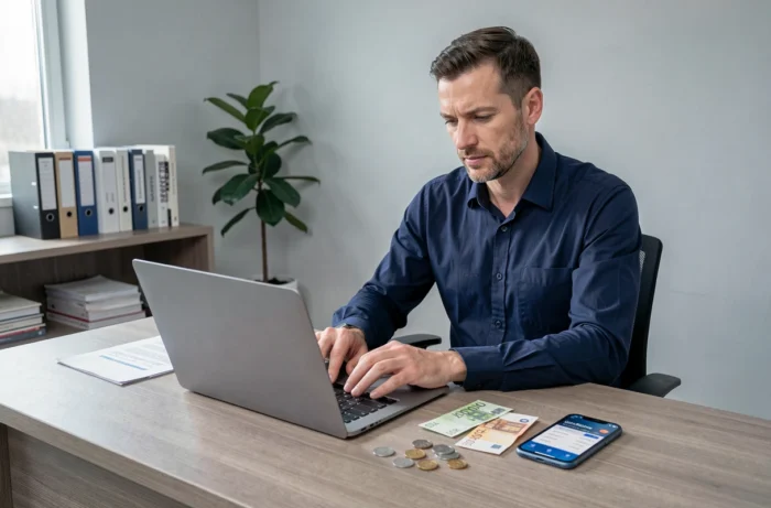 Homme analysant ses finances personnelles sur un ordinateur portable dans un bureau minimaliste à la maison