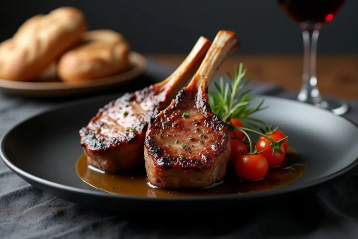 Gros plan de côtelettes d'agneau grillées avec croûte caramélisée sur assiette noire élégante avec tomates rôties et jus de viande