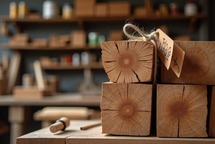 Gros plan sur les tranches de planches de chêne empilées avec étiquette de prix dans un atelier de menuiserie