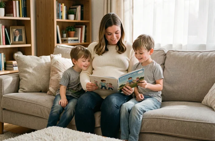 Femme enceinte assise avec ses deux enfants sur un canapé, lisant un livre ensemble dans un salon familial chaleureux