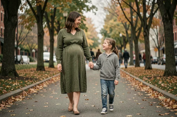 Femme enceinte se promenant avec sa fille dans un parc en automne, tenant sa main et partageant un moment complice