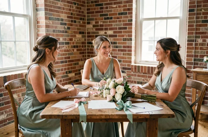 Groupe de demoiselles d'honneur en robes vert sauge planifiant un mariage autour d'une table en bois rustique