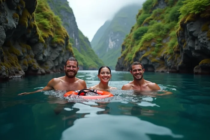 Groupe de nageurs dans une crique isolée d'un fjord norvégien avec bouée de sécurité rouge entre des falaises couvertes de mousse
