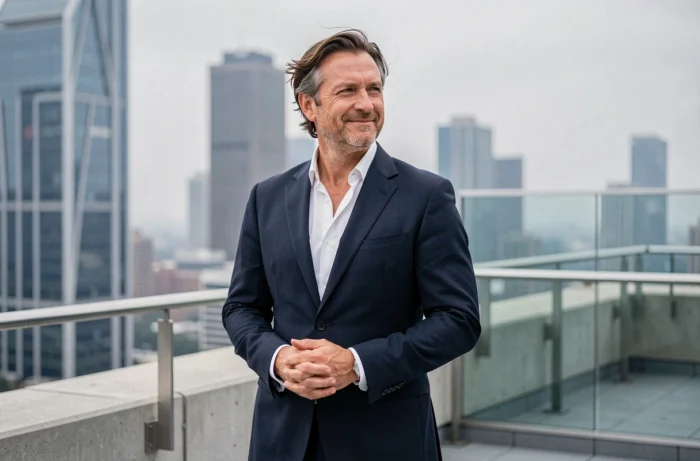 Homme d'affaires en costume sombre pensif sur une terrasse urbaine, illustration article vie amoureuse et mariage 2025