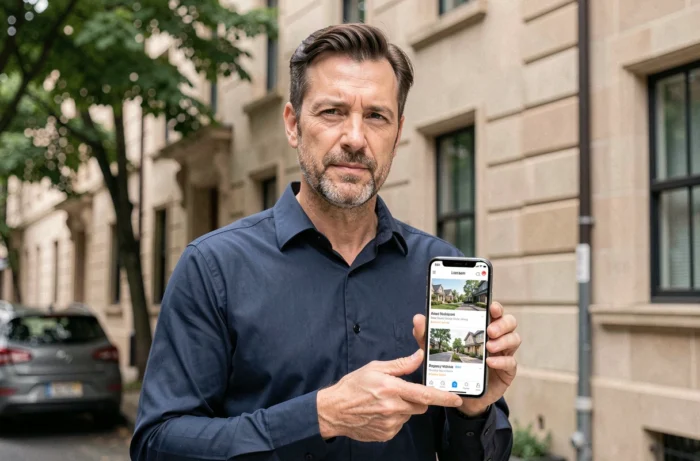 Homme consultant une agence immobilière en ligne sur smartphone devant un immeuble résidentiel