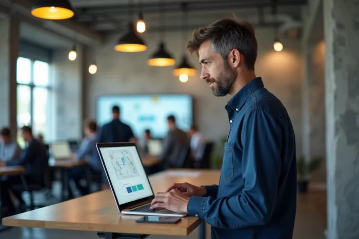 Homme en open space analysant la structure d'un site web sur son ordinateur portable, guide de navigation pour comprendre l'architecture d'un site