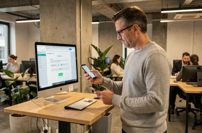 Homme utilisant l'authentification à deux facteurs sur smartphone pour accéder à un coffre-fort numérique de documents en ligne dans un espace de coworking