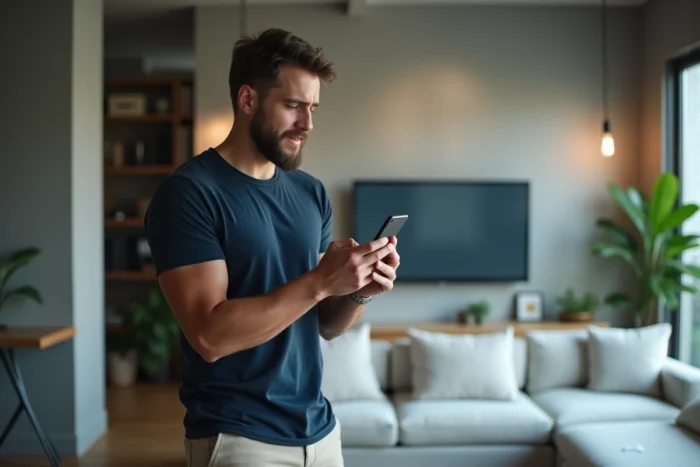 Homme tenant son smartphone affichant les demandes d'abonnement Instagram disparues dans un appartement moderne