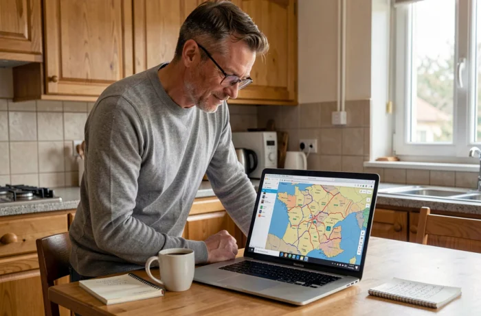 Homme planifiant un itinéraire sur une carte interactive des autoroutes françaises depuis son domicile