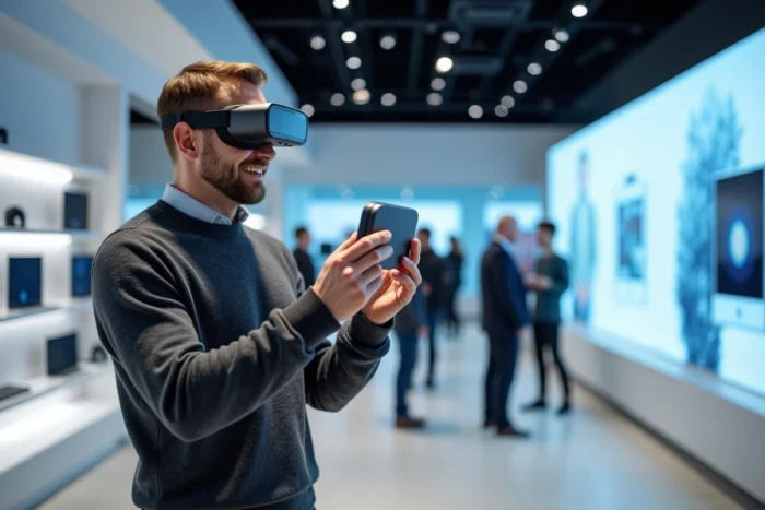 Homme tenant un casque de réalité augmentée dans un showroom high-tech
