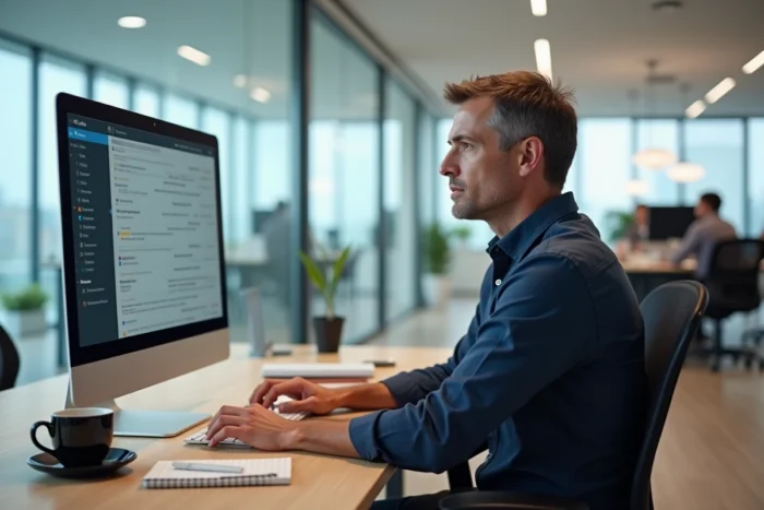 Homme en entreprise consultant et gérant ses emails sur un écran de bureau dans un open space moderne