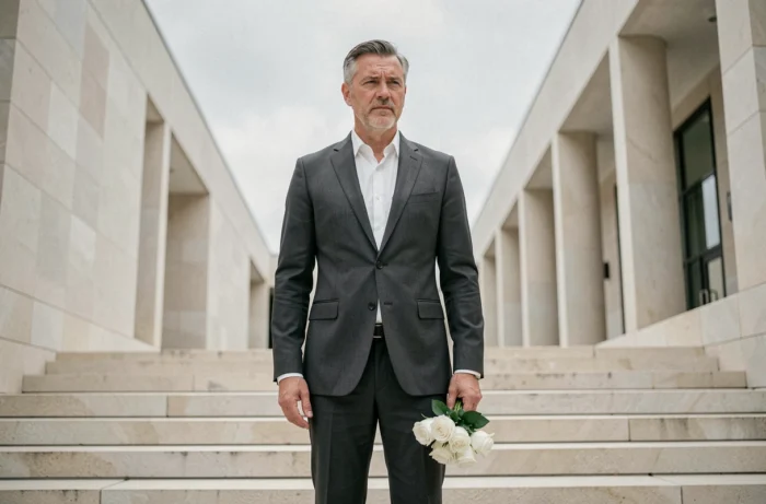 Homme seul en costume tenant des roses blanches devant un bâtiment institutionnel, spéculations mariage et vie sentimentale