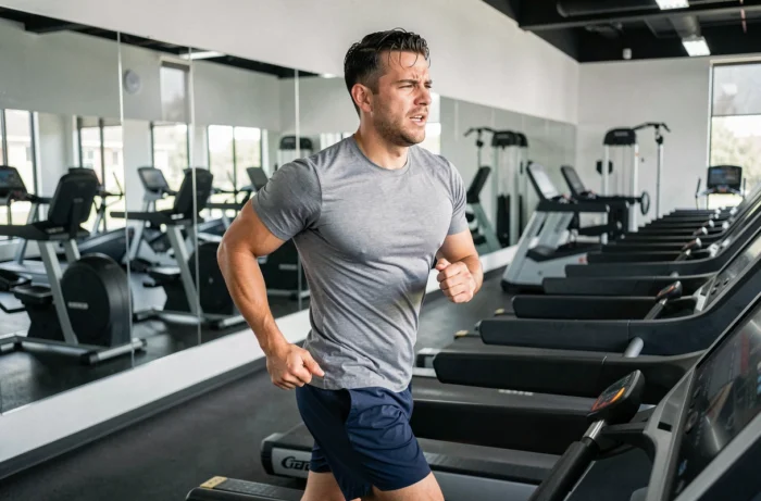 Homme qui court sur un tapis de course dans une grande salle de sport moderne avec abonnement sans engagement
