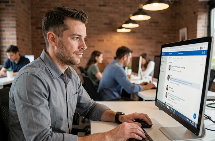 Homme naviguant sur une interface de messagerie professionnelle dans un espace de coworking à Bordeaux