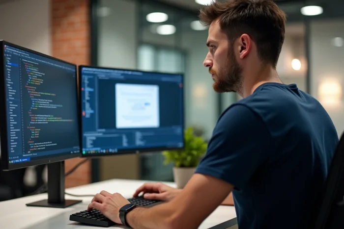 Développeur web masculin travaillant sur deux écrans dans un espace de coworking moderne pour apprendre le développement web