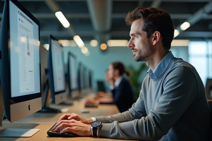 Homme en entreprise confronté à un message d'erreur d'authentification sur un écran de connexion