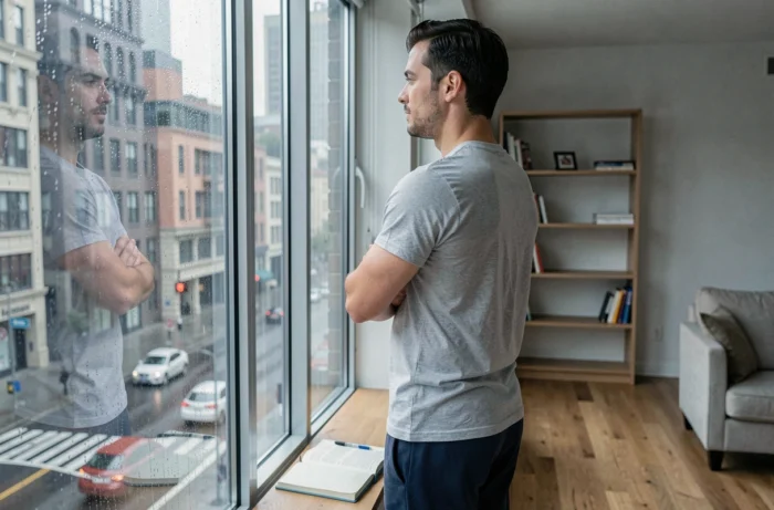 Homme regardant par la fenêtre sous la pluie dans un appartement, posture introspective illustrant le processus de deuil émotionnel après une trahison amoureuse