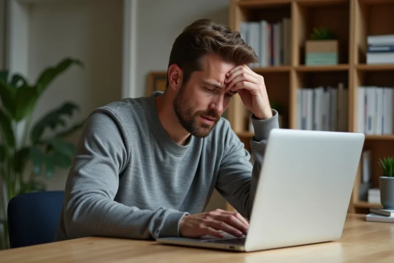 Homme frustré devant son ordinateur portable affichant une erreur, illustrant la perte de confiance envers un service numérique en 2026