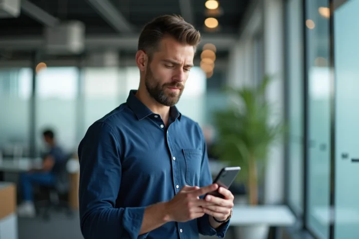 Homme gérant les demandes d'abonnement Instagram sur son téléphone dans un espace de travail moderne