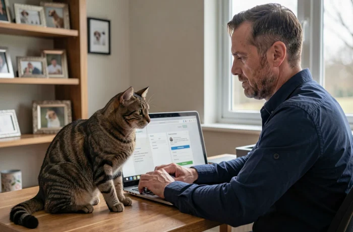Homme gérant le dossier vétérinaire de son chat en ligne sur un ordinateur portable dans un bureau à domicile