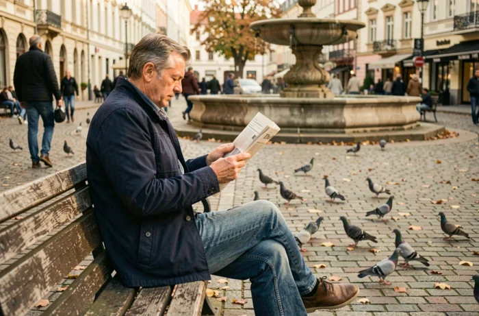 Homme lisant un journal imprimé sur un banc dans une place publique animée en automne