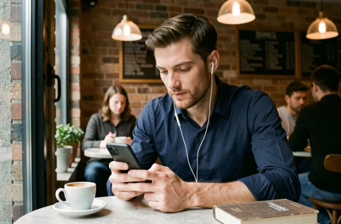 Homme lisant des mangas en ligne sur smartphone dans un café urbain