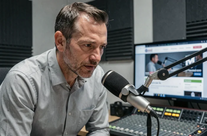 Homme devant un microphone de studio essayant de contacter une station de radio en direct