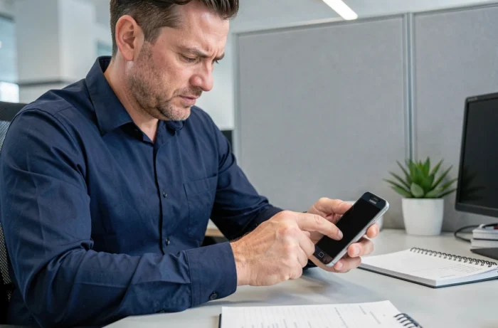 Homme effectuant une réinitialisation forcée sur un smartphone Samsung au bureau avec écran noir