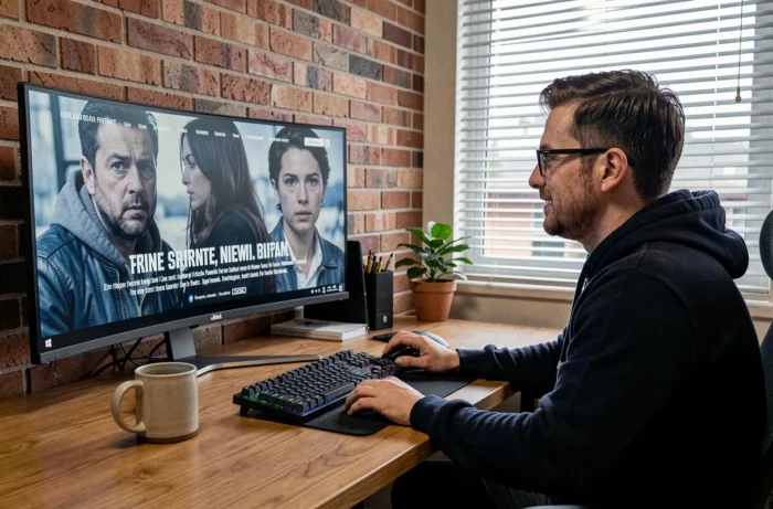 Homme avec lunettes regardant une série en VOSTFR sur un écran d'ordinateur dans un bureau à domicile