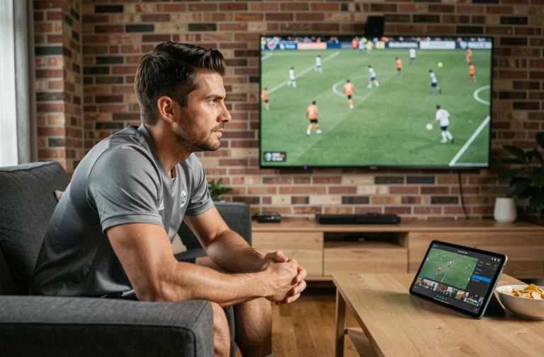 Homme regardant un match de football en streaming sur sa télévision dans un salon moderne