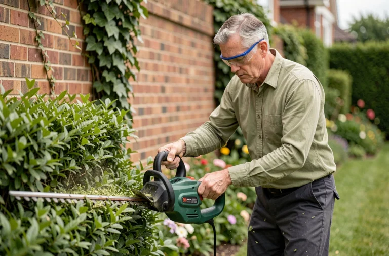 Homme adulte utilisant un taille-haie électrique pour tailler une haie dense dans un jardin de banlieue