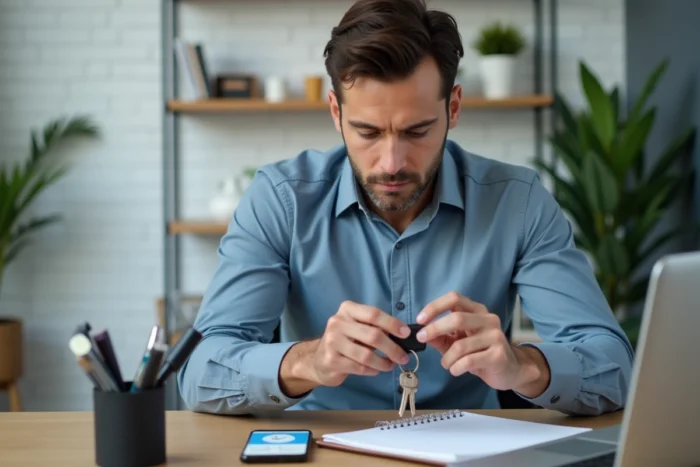 Homme attentif fixant un traceur Bluetooth à ses clés dans un bureau à domicile moderne, symbolisant l'utilisation d'un outil anti-perte au quotidien