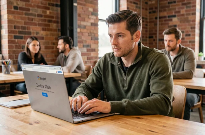 Homme consultant les nouvelles fonctionnalités de Zimbra 2026 dans un espace de co-working