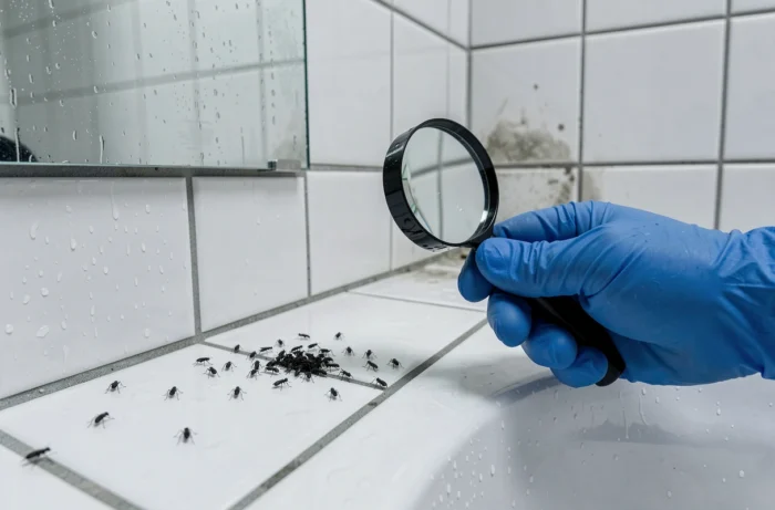 Main gantée tenant une loupe pour examiner des petites bêtes noires sauteuses dans les joints de carrelage d'une salle de bain