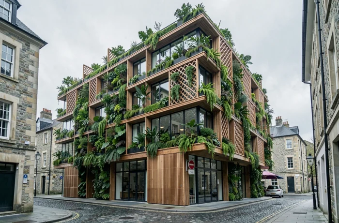 Immeuble biophilique avec jardins verticaux et structure en bois intégrée, actualité architecture durable 2024